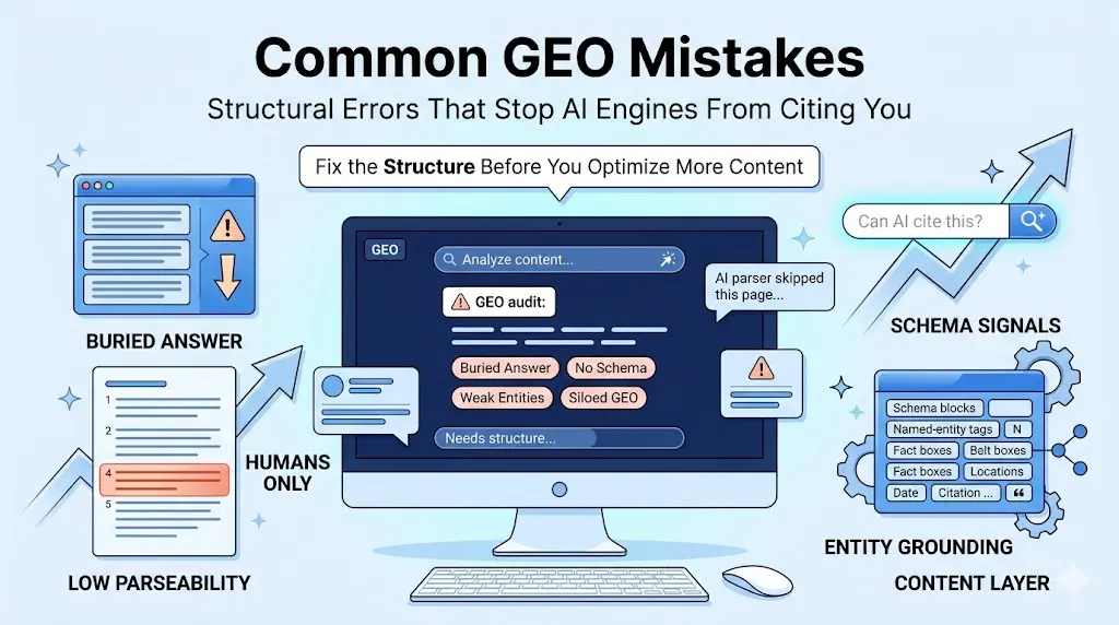 Common GEO mistakes infographic